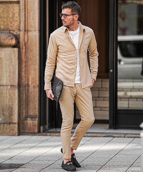 SOMEDIFF（サムディフ）の「セットアップ 上下セット メンズ 楊柳 7分袖シャツ 長袖シャツ スキニーパンツ 春服（セットアップ・メンズ・グリーン/ブラック/ベージュ/グリーン系その他/ベージュ系その他/ブラック系その他・M/XL/L）」の4枚目の写真