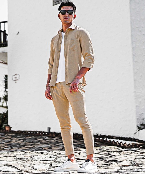 SOMEDIFF（サムディフ）の「セットアップ 上下セット メンズ 楊柳 7分袖シャツ 長袖シャツ スキニーパンツ 春服（セットアップ・メンズ・グリーン/ブラック/ベージュ/グリーン系その他/ベージュ系その他/ブラック系その他・M/XL/L）」の7枚目の写真