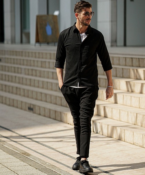 SOMEDIFF（サムディフ）の「セットアップ 上下セット メンズ 楊柳 7分袖シャツ 長袖シャツ スキニーパンツ 春服（セットアップ・メンズ・グリーン/ブラック/ベージュ/グリーン系その他/ベージュ系その他/ブラック系その他・M/XL/L）」の17枚目の写真