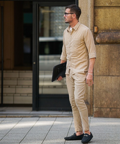 SOMEDIFF（サムディフ）の「セットアップ 上下セット メンズ 楊柳 7分袖シャツ 長袖シャツ スキニーパンツ 春服（セットアップ・メンズ・グリーン/ブラック/ベージュ/グリーン系その他/ベージュ系その他/ブラック系その他・M/XL/L）」の9枚目の写真