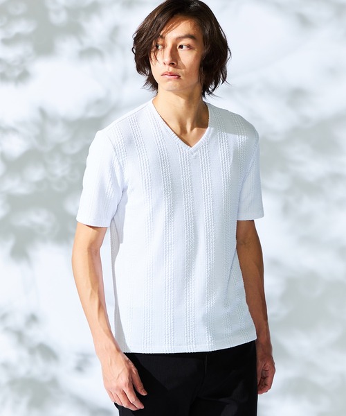 青いストライプVネックTシャツ タグ付き未使用 Vネック ストライプ Tシャツ ネイビー LLサイズ