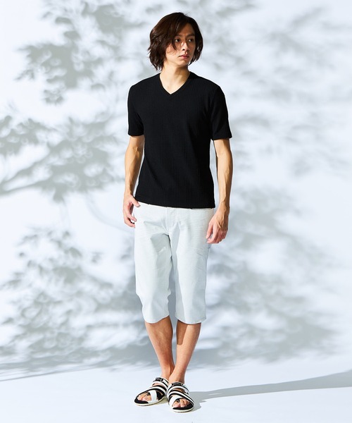 HIDEAWAYS NICOLE(ハイダウェイニコル)の「ブリスターストライプVネック半袖プルオーバー(Tシャツ/カットソー・メンズ・ホワイト×ブラック/ブラック/ホワイト/ブラック×ホワイト・MEDIUM/LARGE/X-LARGE)」の8枚目の写真