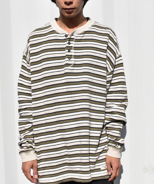 (古着)90s USA製 levi's ヘンリーネックボーダーTシャツ 柄 Levi's - 90s リーバイス ヘンリーネック ボーダー 半袖 Tシャツ