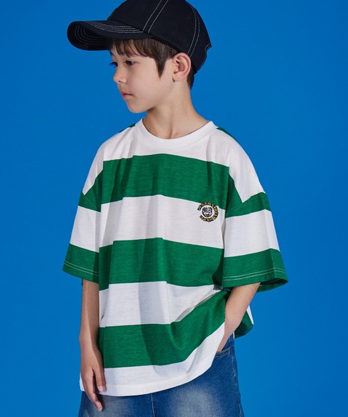 PAIRMANON STREET(ペアマノンストリート)の「【PAIRMANON STREET】天竺 ワイドボーダー 胸刺繍 半袖 Tシャツ(Tシャツ/カットソー・キッズ・グリーン/ブラウン/ブラック/イエロー/ネイビー・130/90/110/140/150/120/100)」の4枚目の写真