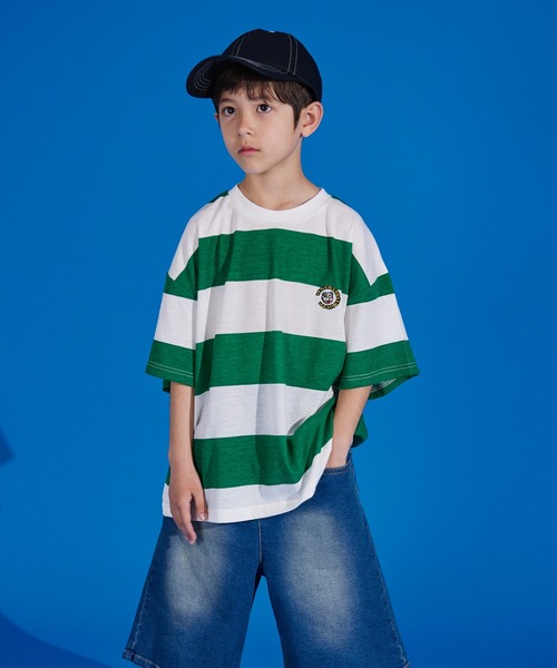 PAIRMANON STREET(ペアマノンストリート)の「【PAIRMANON STREET】天竺 ワイドボーダー 胸刺繍 半袖 Tシャツ(Tシャツ/カットソー・キッズ・グリーン/ブラウン/ブラック/イエロー/ネイビー・130/90/110/140/150/120/100)」の13枚目の写真