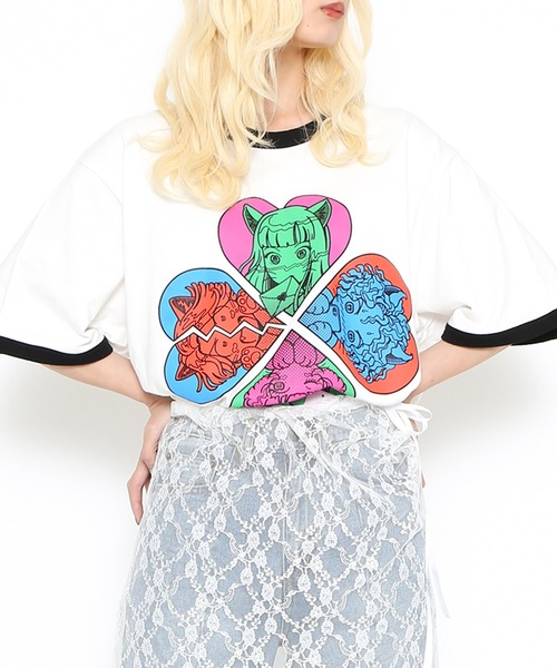 PUNYUS(プニュズ)の「恋愛しようぜ若者ビッグリンガーTシャツ(Tシャツ/カットソー・レディース・ホワイト/グリーン/ブルー/パープル・3/4)」の1枚目の写真