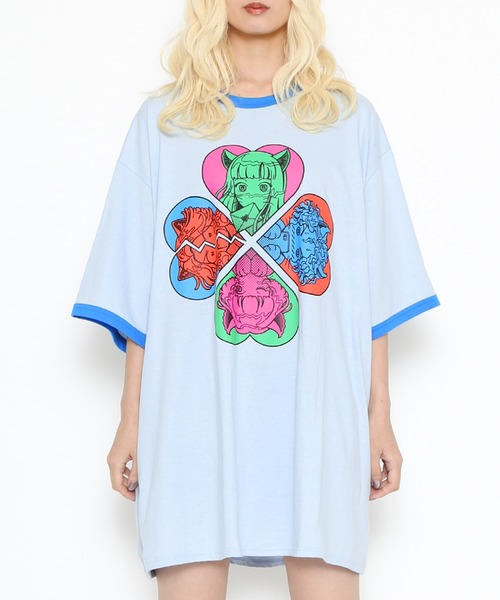 PUNYUS(プニュズ)の「恋愛しようぜ若者ビッグリンガーTシャツ(Tシャツ/カットソー・レディース・ホワイト/グリーン/ブルー/パープル・3/4)」の3枚目の写真