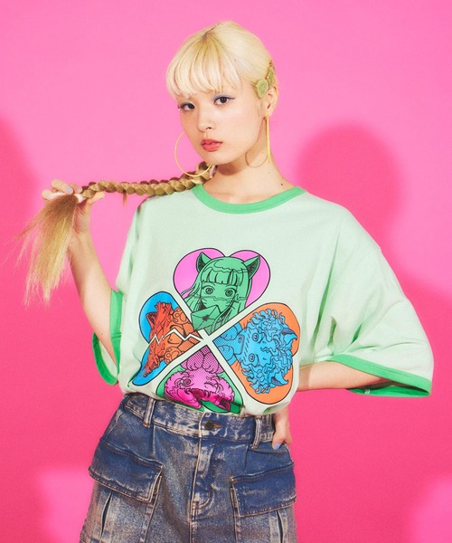 PUNYUS(プニュズ)の「恋愛しようぜ若者ビッグリンガーTシャツ(Tシャツ/カットソー・レディース・ホワイト/グリーン/ブルー/パープル・3/4)」の2枚目の写真