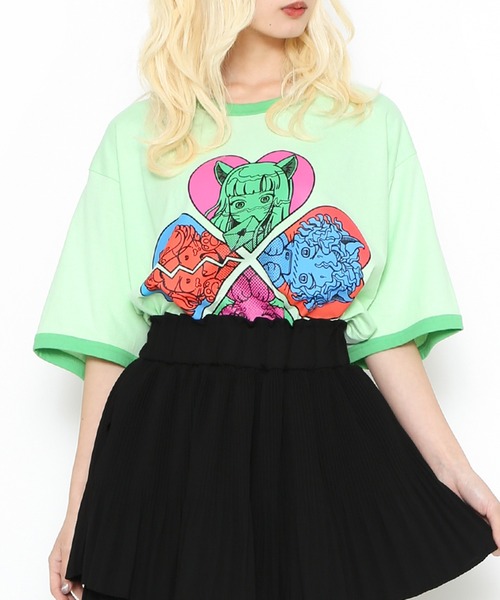 PUNYUS(プニュズ)の「恋愛しようぜ若者ビッグリンガーTシャツ(Tシャツ/カットソー・レディース・ホワイト/グリーン/ブルー/パープル・3/4)」の5枚目の写真