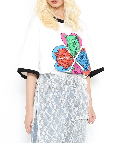 PUNYUS(プニュズ)の「恋愛しようぜ若者ビッグリンガーTシャツ(Tシャツ/カットソー・レディース・ホワイト/グリーン/ブルー/パープル・3/4)」の10枚目の写真