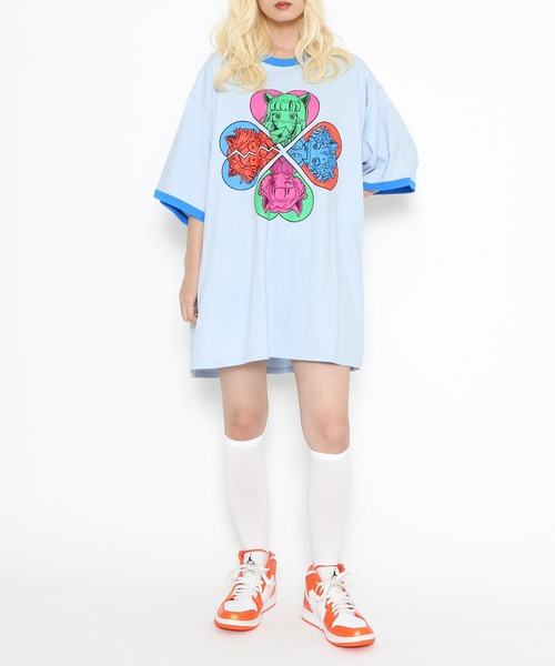 PUNYUS(プニュズ)の「恋愛しようぜ若者ビッグリンガーTシャツ(Tシャツ/カットソー・レディース・ホワイト/グリーン/ブルー/パープル・3/4)」の16枚目の写真