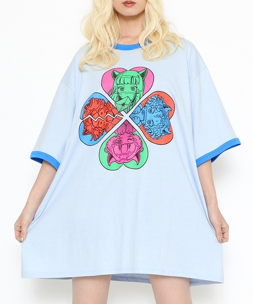 PUNYUS(プニュズ)の「恋愛しようぜ若者ビッグリンガーTシャツ(Tシャツ/カットソー・レディース・ホワイト/グリーン/ブルー/パープル・3/4)」の17枚目の写真