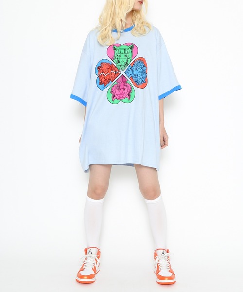 PUNYUS(プニュズ)の「恋愛しようぜ若者ビッグリンガーTシャツ(Tシャツ/カットソー・レディース・ホワイト/グリーン/ブルー/パープル・3/4)」の18枚目の写真