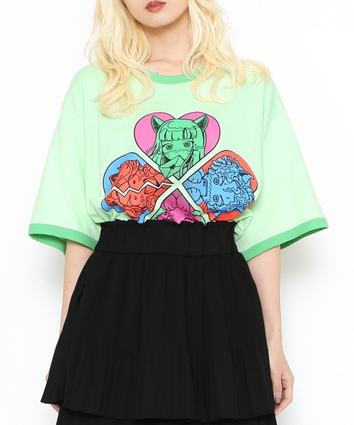 PUNYUS(プニュズ)の「恋愛しようぜ若者ビッグリンガーTシャツ(Tシャツ/カットソー・レディース・ホワイト/グリーン/ブルー/パープル・3/4)」の7枚目の写真