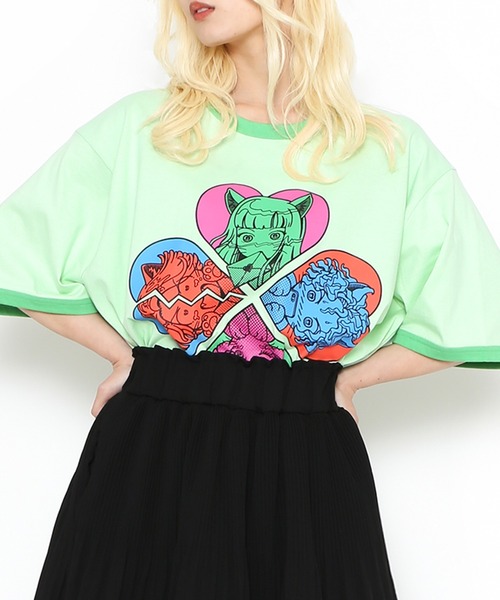 PUNYUS(プニュズ)の「恋愛しようぜ若者ビッグリンガーTシャツ(Tシャツ/カットソー・レディース・ホワイト/グリーン/ブルー/パープル・3/4)」の6枚目の写真