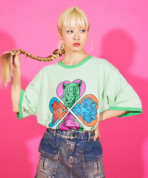 PUNYUS(プニュズ)の「恋愛しようぜ若者ビッグリンガーTシャツ(Tシャツ/カットソー・レディース・ホワイト/グリーン/ブルー/パープル・3/4)」の11枚目の写真