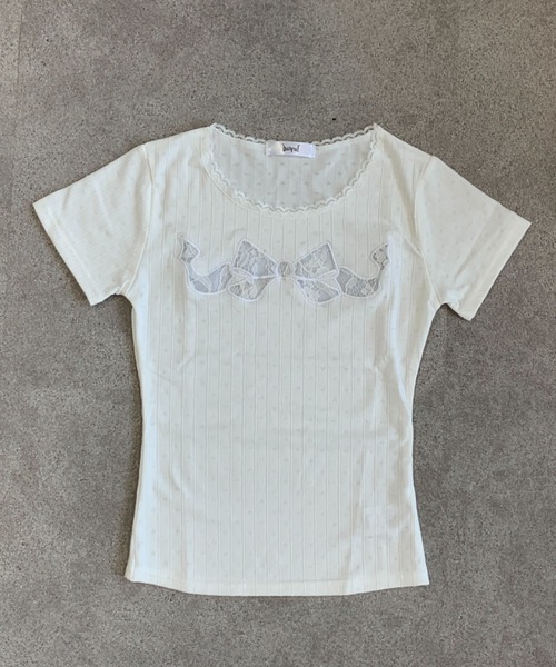 セール】レースリボン UネックリブピチT 透け感（Tシャツ