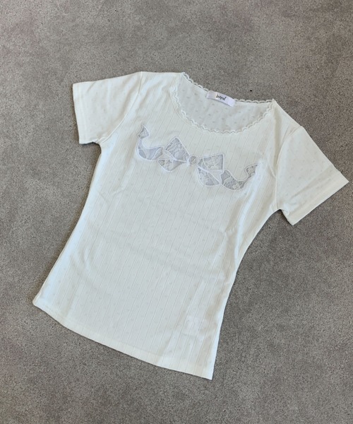 美品 amitie リボン レース Tシャツ カットソー ブラック L セール】レースリボン UネックリブピチT 透け感(Tシャツ
