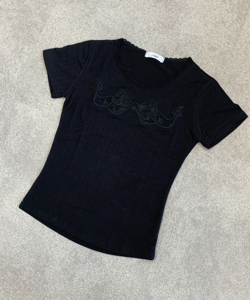 JILTU ribbon tee ジルチュリボンTシャツ ブラック オーガニックコットンリボンフレームロゴTシャツ | JILL by JILL