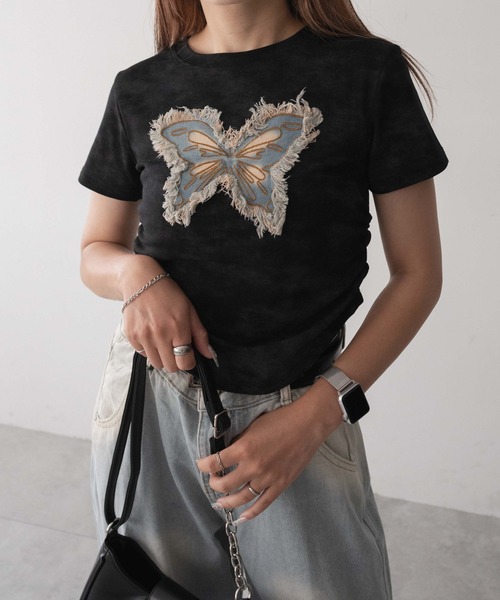 dispark（ディスパーク）の「DISPARK/サイドギャザーバタフライT（Tシャツ/カットソー・レディース・ベージュ/ブラック・FREE）」の2枚目の写真