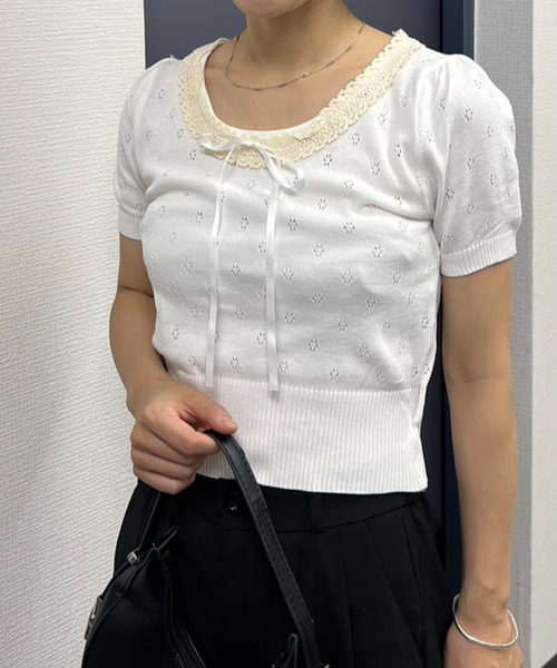 mebole(メボレ)の「ネックレースニット(ニット/セーター・レディース・ホワイト/ブラック・FREE)」の4枚目の写真