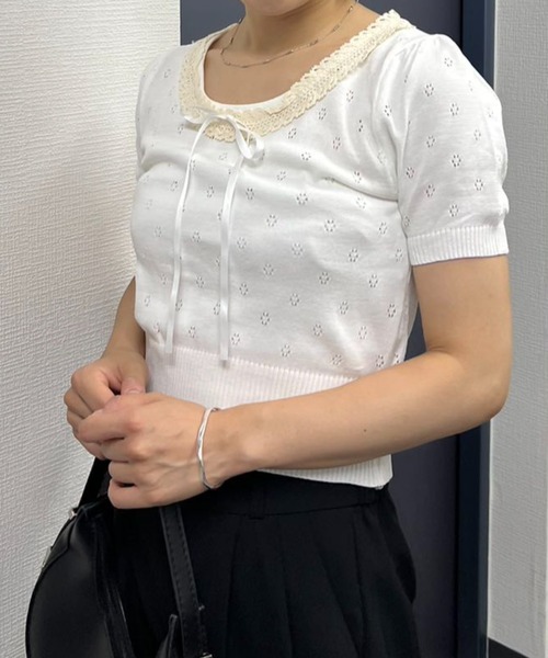 mebole(メボレ)の「ネックレースニット(ニット/セーター・レディース・ホワイト/ブラック・FREE)」の5枚目の写真