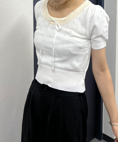 mebole(メボレ)の「ネックレースニット(ニット/セーター・レディース・ホワイト/ブラック・FREE)」の6枚目の写真
