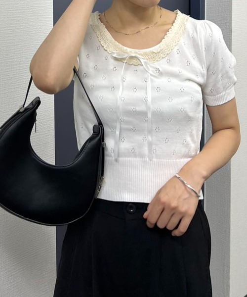 mebole(メボレ)の「ネックレースニット(ニット/セーター・レディース・ホワイト/ブラック・FREE)」の8枚目の写真