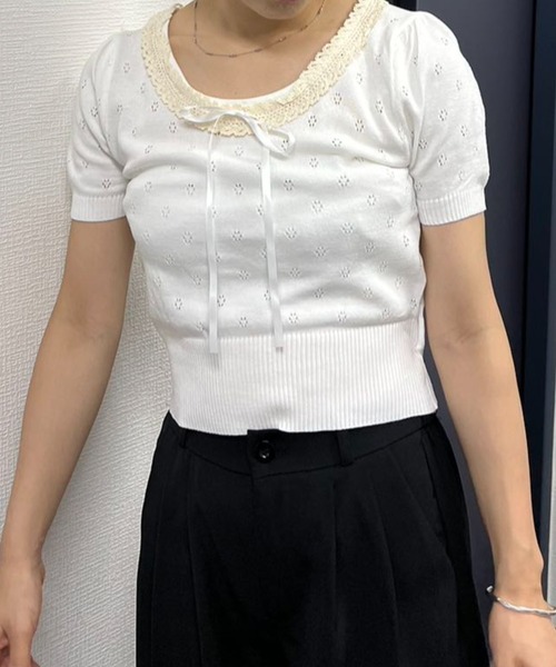 mebole(メボレ)の「ネックレースニット(ニット/セーター・レディース・ホワイト/ブラック・FREE)」の3枚目の写真