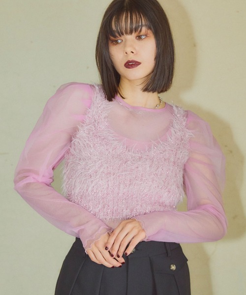 ELLEgirl（エルガール）の「ラメフェザーニットビスチェ【ELLEgirl/エル ガール】（ベスト・レディース・シルバー/ピンク/ネイビー・FREE）」の3枚目の写真