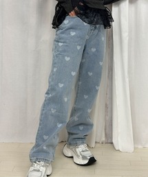 《ハート総柄×ゆるストレート》レディース デニムパンツ ガーリーカジュアル 春夏秋冬