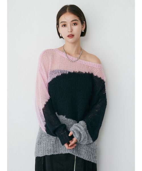 MURUA（ムルーア）の「ブロックシアーニット【WEB限定】（ニット/セーター・レディース・グレー/ネイビー・FREE）」の3枚目の写真