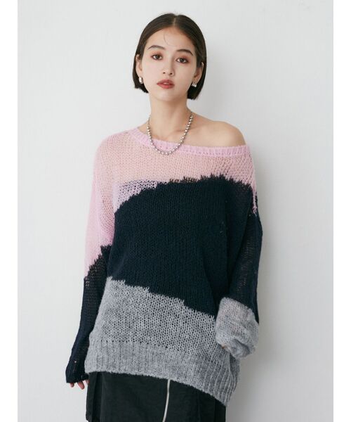 MURUA（ムルーア）の「ブロックシアーニット【WEB限定】（ニット/セーター・レディース・グレー/ネイビー・FREE）」の4枚目の写真