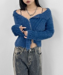 LVEU. | 【LVEU.】アシメジップオフショルシャギーニット / トップス オフショルダー アシンメトリー ダブルジップ クロップド ショート ブラック カーキ ブルー(ニット/セーター)