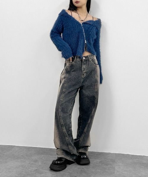 LVEU.（ラブユ.）の「【LVEU.】アシメジップオフショルシャギーニット / トップス オフショルダー アシンメトリー ダブルジップ クロップド ショート ブラック カーキ ブルー（ニット/セーター・レディース・ブラック/カーキ/ブルー・FREE）」の8枚目の写真