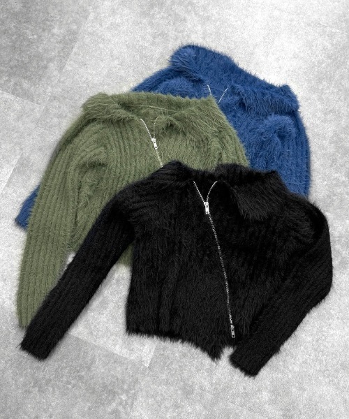 LVEU.（ラブユ.）の「【LVEU.】アシメジップオフショルシャギーニット / トップス オフショルダー アシンメトリー ダブルジップ クロップド ショート ブラック カーキ ブルー（ニット/セーター・レディース・ブラック/カーキ/ブルー・FREE）」の19枚目の写真