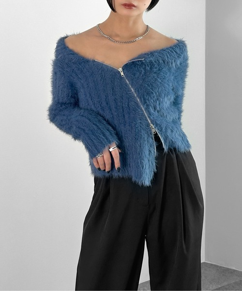 セール】【LVEU.】アシメジップオフショルシャギーニット / トップス