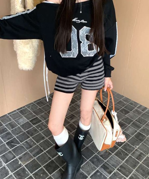 MEMECLE(メメクル)の「【 MEMECLE / メメクル 】ボーダーニットショートパンツ(その他パンツ・レディース・ホワイト/ブラウン/グレー・FREE)」の1枚目の写真