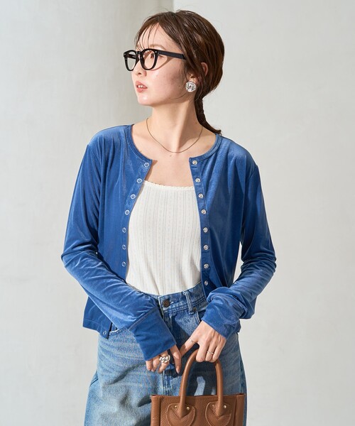 FREAK'S STORE（フリークスストア）の「限定展開　シアー ベロア ボタン カーディガン (セット対応)（カーディガン/ボレロ・レディース・ブラック/ブラウン/ブルー/ナチュラル・ﾌﾘ-）」の4枚目の写真