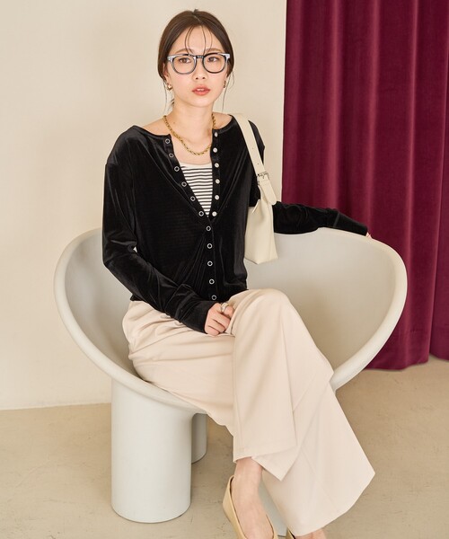 FREAK'S STORE（フリークスストア）の「限定展開　シアー ベロア ボタン カーディガン (セット対応)（カーディガン/ボレロ・レディース・ブラック/ブラウン/ブルー/ナチュラル・ﾌﾘ-）」の5枚目の写真