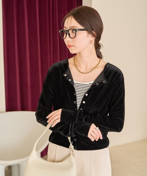 FREAK'S STORE（フリークスストア）の「限定展開　シアー ベロア ボタン カーディガン (セット対応)（カーディガン/ボレロ・レディース・ブラック/ブラウン/ブルー/ナチュラル・ﾌﾘ-）」の14枚目の写真