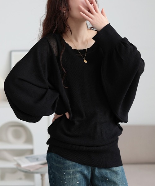 GOLDJAPAN(ゴールドジャパン)の「シアー切り替えドルマンニット【大きいサイズ対応】(ニット/セーター・レディース・グリーン/ブラック・LL~3L/4L~5L)」の2枚目の写真