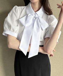 【リボン取り外し可能】半袖ストライプブラウス