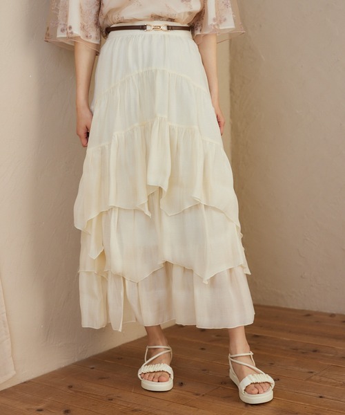 mysty woman（ミスティウーマン）の「アシメランダムギャザースカート 497382（スカート・レディース・アイボリー/ブラック/ブルー系その他・FREE）」の2枚目の写真