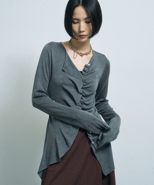 yae(ヤエ)の「Everyday slim fit frills cardigan/エブリデイスリムフィットフリルカーディガン(カーディガン/ボレロ・レディース・ピンク/ネイビー/レッド/ライトブルー/ブラック/グレー・FREE)」の3枚目の写真