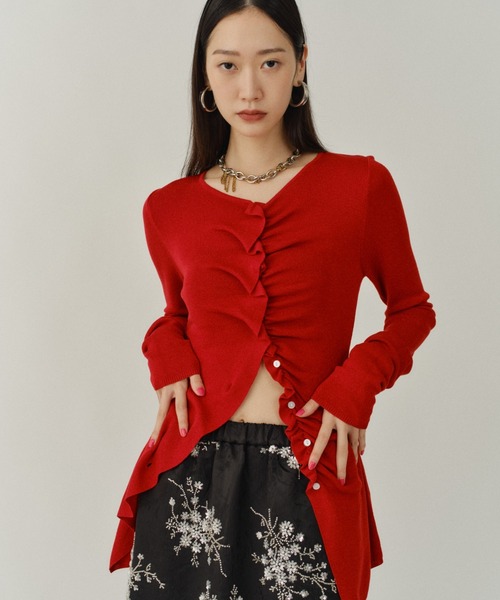 yae（ヤエ）の「Everyday slim fit frills cardigan/エブリデイスリムフィットフリルカーディガン（カーディガン/ボレロ・レディース・ピンク/ネイビー/レッド・FREE）」の4枚目の写真