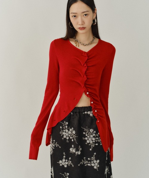 yae（ヤエ）の「Everyday slim fit frills cardigan/エブリデイスリムフィットフリルカーディガン（カーディガン/ボレロ・レディース・ピンク/ネイビー/レッド・FREE）」の5枚目の写真