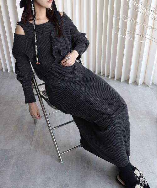 セール】【ベロアニットワンピース＋ショートカーディガン】セット