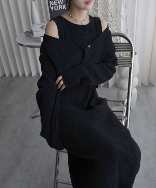 セール】【ベロアニットワンピース＋ショートカーディガン】セット