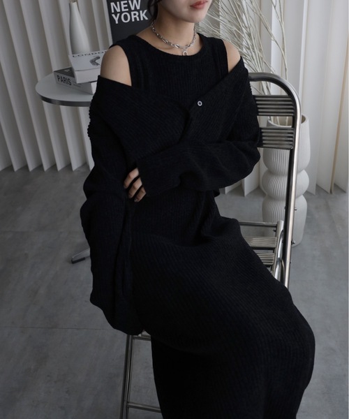 セール】【ベロアニットワンピース＋ショートカーディガン】セット